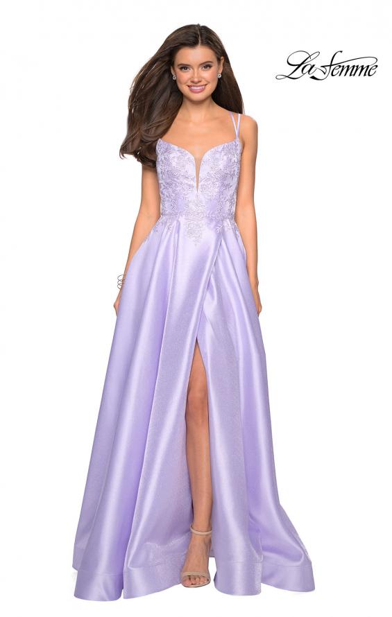Picture of: Long Ball Gown with Lace and Rhinestone Bodice in Lavender, Style: 27528, Detail Picture 5