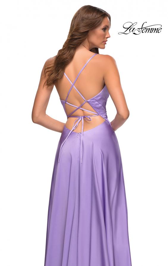 Picture of: Bright Satin Gown with Criss-Cross Ruched Top in Purple, Style: 30662, Detail Picture 6