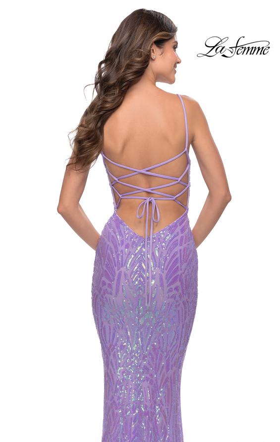 Picture of: Gorgeous Print Sequin Dress with Lace Up Back in Lavender, Style: 31390, Detail Picture 6