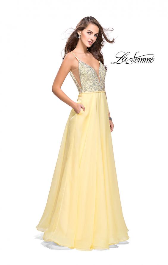 Picture of: A-line Chiffon Prom Gown with Pearl Beaded Bodice in Lemon, Style: 26278, Main Picture