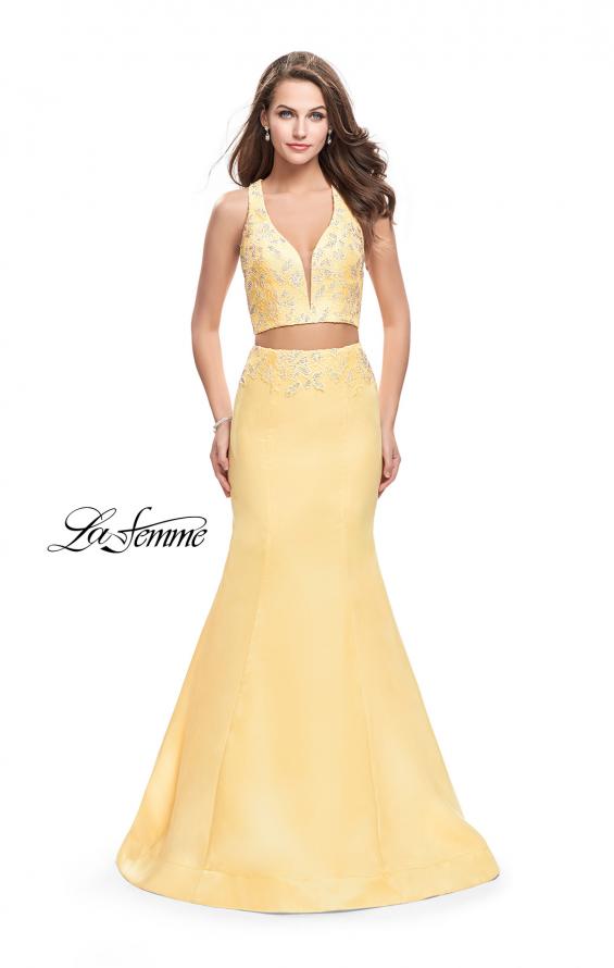 Picture of: Mikado Two Piece Mermaid Gown with Beaded Lace Top in Lemon, Style: 26311, Main Picture