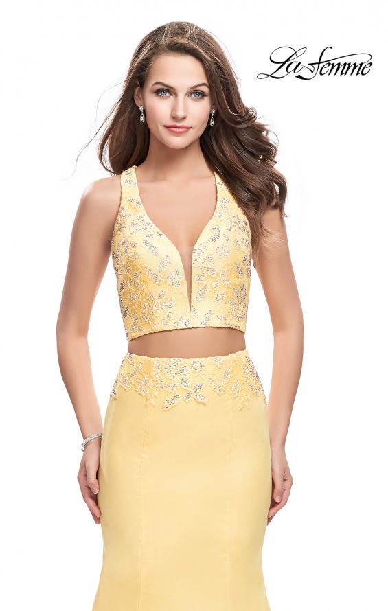 Picture of: Mikado Two Piece Mermaid Gown with Beaded Lace Top in Lemon, Style: 26311, Detail Picture 1