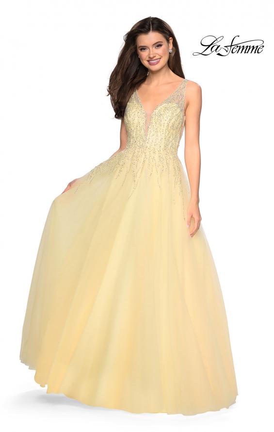 Picture of: A-Line Prom Dress with Rhinestones and Deep V Back in Lemon, Style: 27688, Detail Picture 2