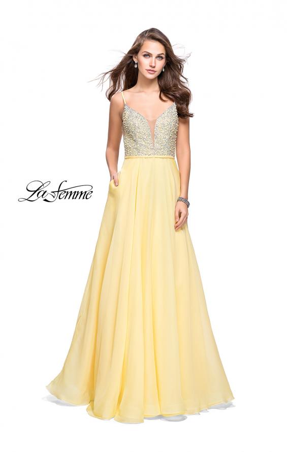 Picture of: A-line Chiffon Prom Gown with Pearl Beaded Bodice in Lemon, Style: 26278, Detail Picture 2