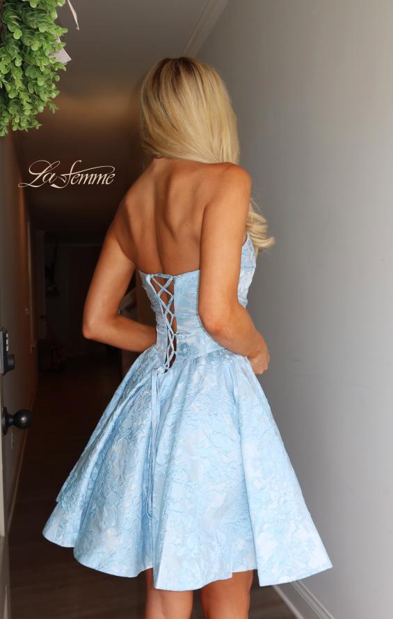 Blue Picture of: Strapless Jacquard Lace-Up Mini Dress in Light Blue, Style 34147, Detail Picture 4