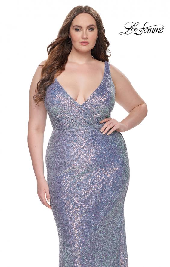 Picture of: Sequin Plus Size Dress with Wrap Ruched Neckline in Light Blue, Style: 32173, Detail Picture 1