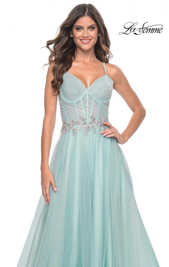Picture of: A-Line Prom Gown with Ruched Bodice and Rhinestone Belt Detail in Light Blue, Style: 32117, Main Picture