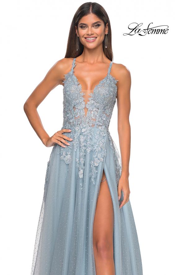 Picture of: Lace Embellished A-line Dress with Lace Up Back in Light Blue, Style: 32147, Detail Picture 8