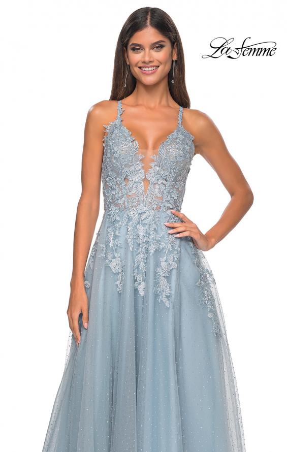 Picture of: Lace Embellished A-line Dress with Lace Up Back in Light Blue, Style: 32147, Detail Picture 9
