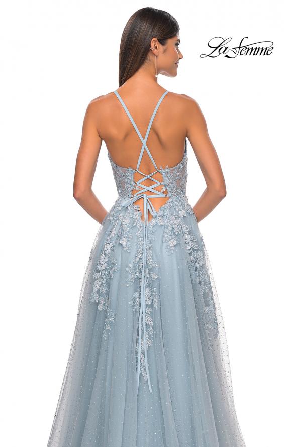 Picture of: Lace Embellished A-line Dress with Lace Up Back in Light Blue, Style: 32147, Detail Picture 10
