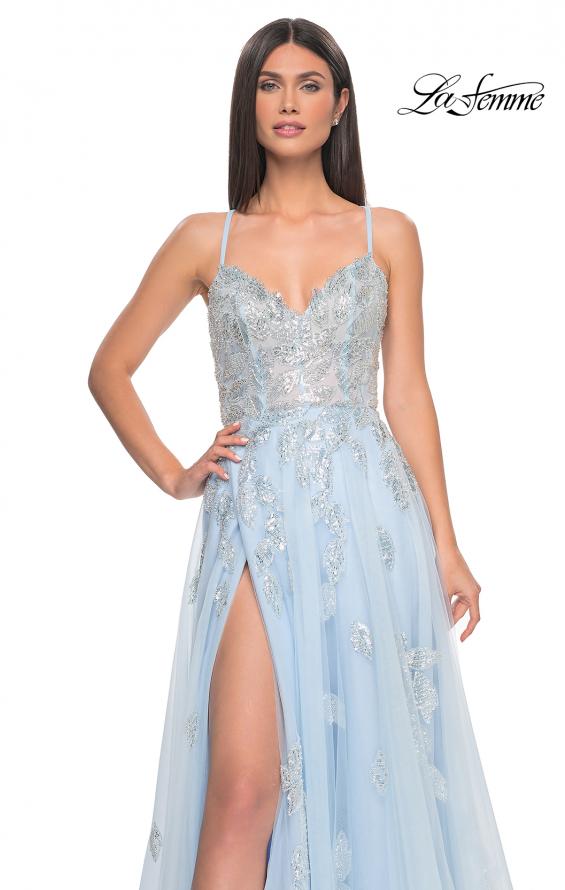 Picture of: Two Tone Tulle A-Line Prom Dress with Floral Beaded Detail in Light Blue, Style: 32090, Detail Picture 12
