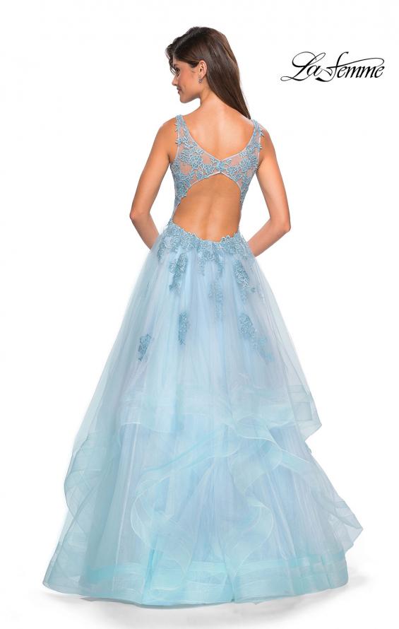 Picture of: Layered Tulle Long Prom Gown with Lace Appliques in Light Blue, Style: 27256, Back Picture