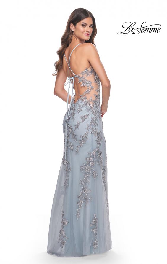 Picture of: Stunning Fitted Gown with Rhinestone Lace Applique and Illusion Sides in Light Blue, Style: 32074, Back Picture