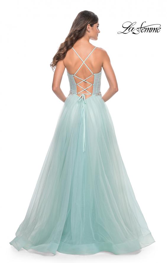 Picture of: A-Line Prom Gown with Ruched Bodice and Rhinestone Belt Detail in Light Blue, Style: 32117, Back Picture