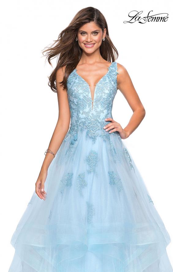 Picture of: Layered Tulle Long Prom Gown with Lace Appliques in Light Blue, Style: 27256, Detail Picture 1