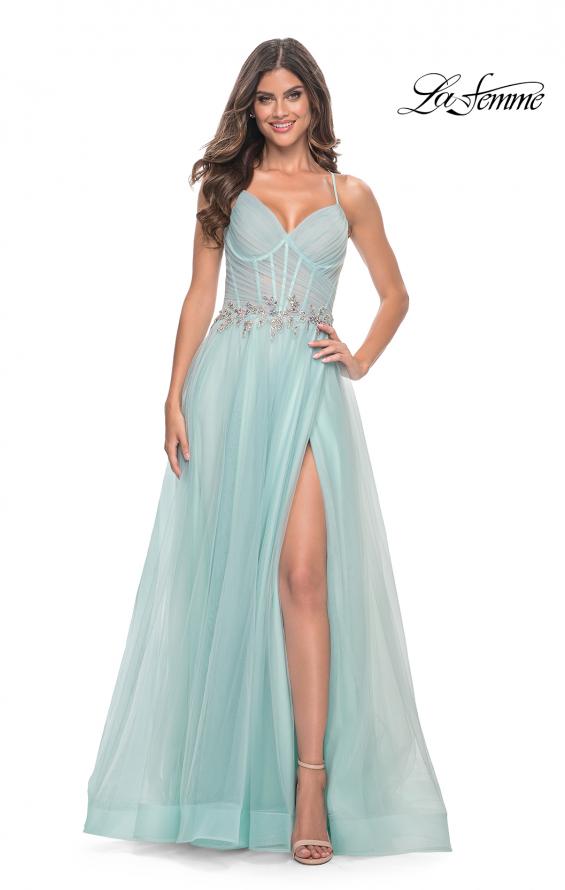 Picture of: A-Line Prom Gown with Ruched Bodice and Rhinestone Belt Detail in Light Blue, Style: 32117, Detail Picture 1
