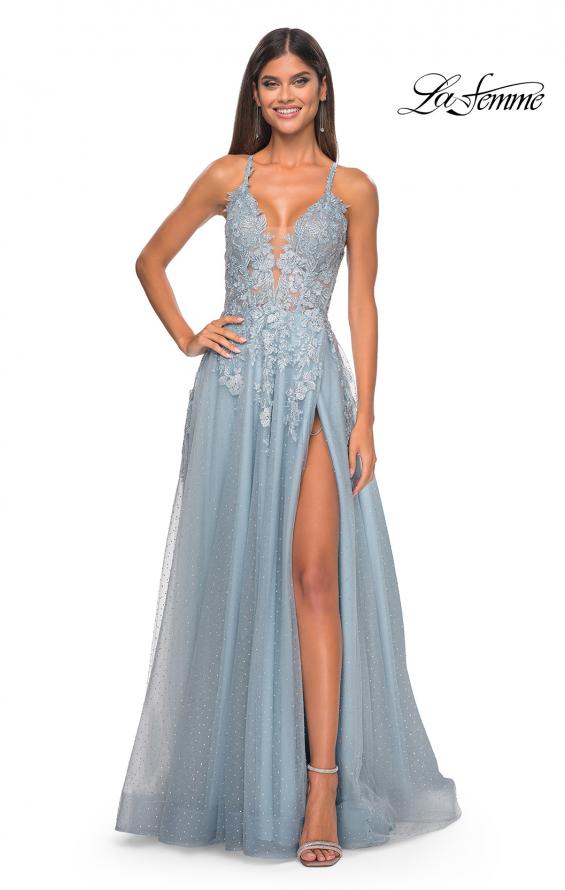 Picture of: Lace Embellished A-line Dress with Lace Up Back in Light Blue, Style: 32147, Detail Picture 2