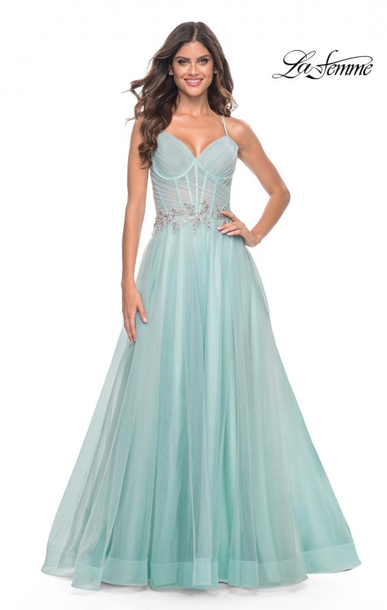 Picture of: A-Line Prom Gown with Ruched Bodice and Rhinestone Belt Detail in Light Blue, Style: 32117, Detail Picture 4