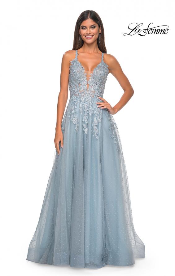 Picture of: Lace Embellished A-line Dress with Lace Up Back in Light Blue, Style: 32147, Detail Picture 4