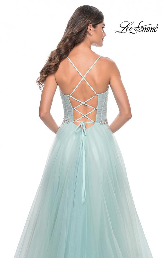 Picture of: A-Line Prom Gown with Ruched Bodice and Rhinestone Belt Detail in Light Blue, Style: 32117, Detail Picture 5