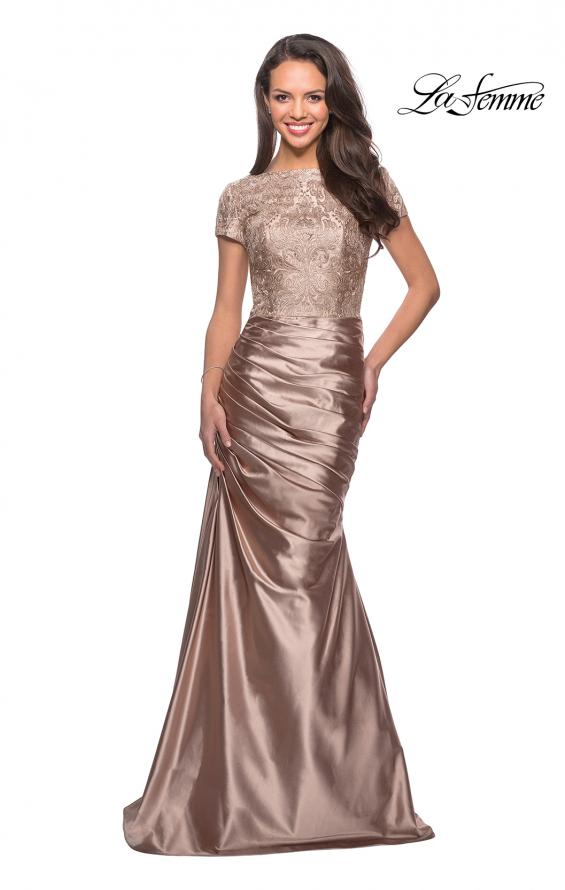 Picture of: Long Gown with Short Sleeve Lace Bodice and Ruching in Light Gold, Style: 26404, Main Picture