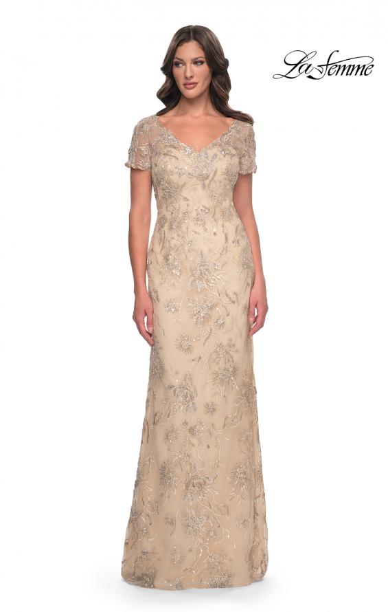 Picture of: Gorgeous Beaded Long Gown with Short Sleeves and V Neck in Light Gold, Style: 30798, Main Picture