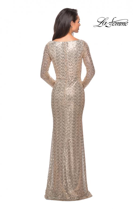 Picture of: Long Sleeve Sequined Gown with Soft V-Neckline in Light Gold, Style: 25331, Back Picture