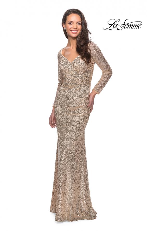 Picture of: Long Sleeve Sequined Gown with Soft V-Neckline in Light Gold, Style: 25331, Detail Picture 1
