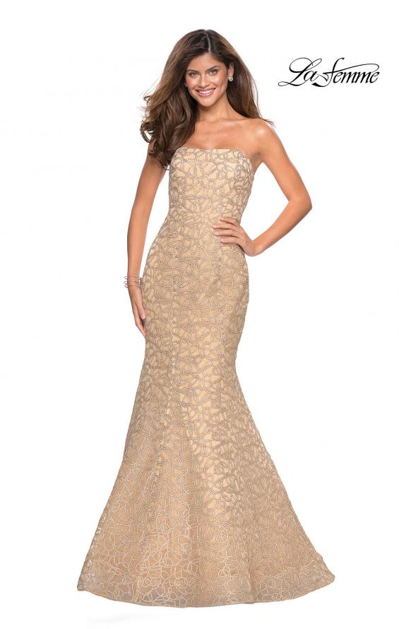 Picture of: Long Mermaid Metallic Lace Strapless Prom Dress in Light Gold, Style: 27267, Main Picture