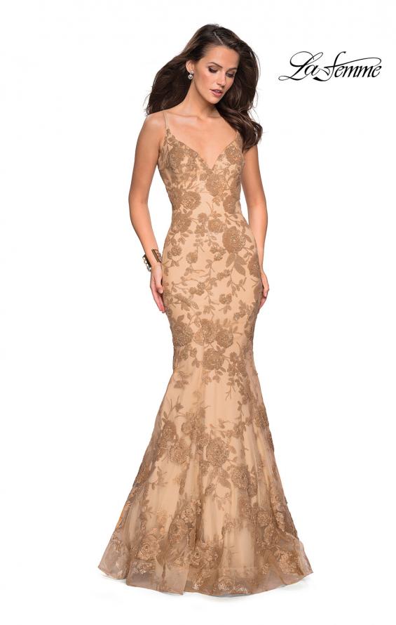 Picture of: Long Gold Prom Dress with Sequin Floral Design in Light Gold, Style: 27285