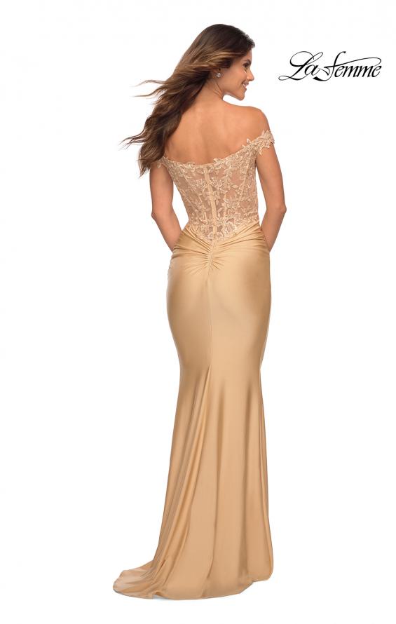 Picture of: Off the Shoulder Jersey Dress with Illusion Lace Top in Light Gold, Back Picture