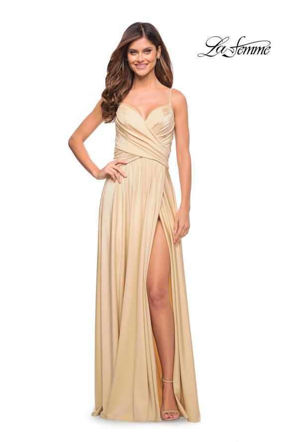 Picture of: Elegant Criss-Cross Ruched Bodice Jersey Dress in Light Gold, Style: 30571, Detail Picture 1