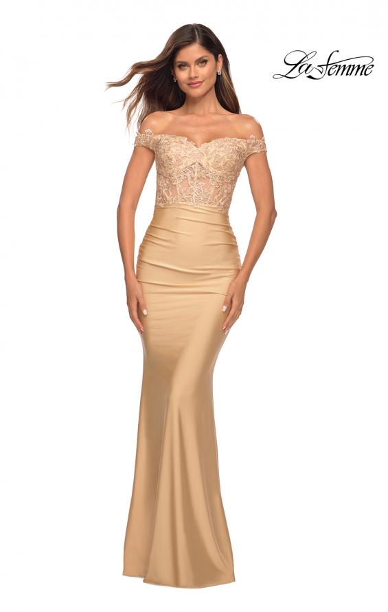 Picture of: Off the Shoulder Jersey Dress with Illusion Lace Top in Light Gold, Detail Picture 1