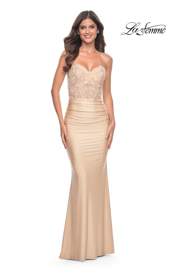 Picture of: Sweetheart Strapless Jersey Gown with Lace Sheer Bodice in Light Gold, Style: 32254, Detail Picture 1