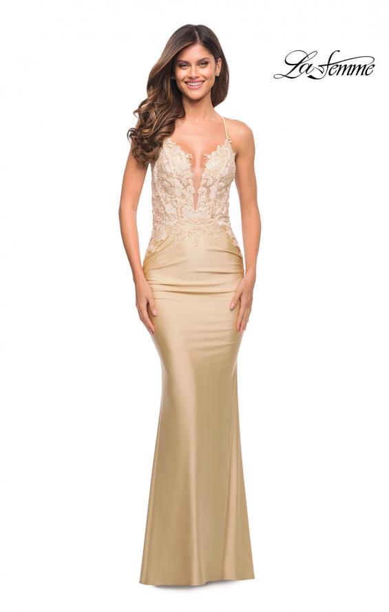 Picture of: Prom Dress with Illusion Lace Bodice and Ruched Skirt in Light Gold, Style: 30596, Detail Picture 5