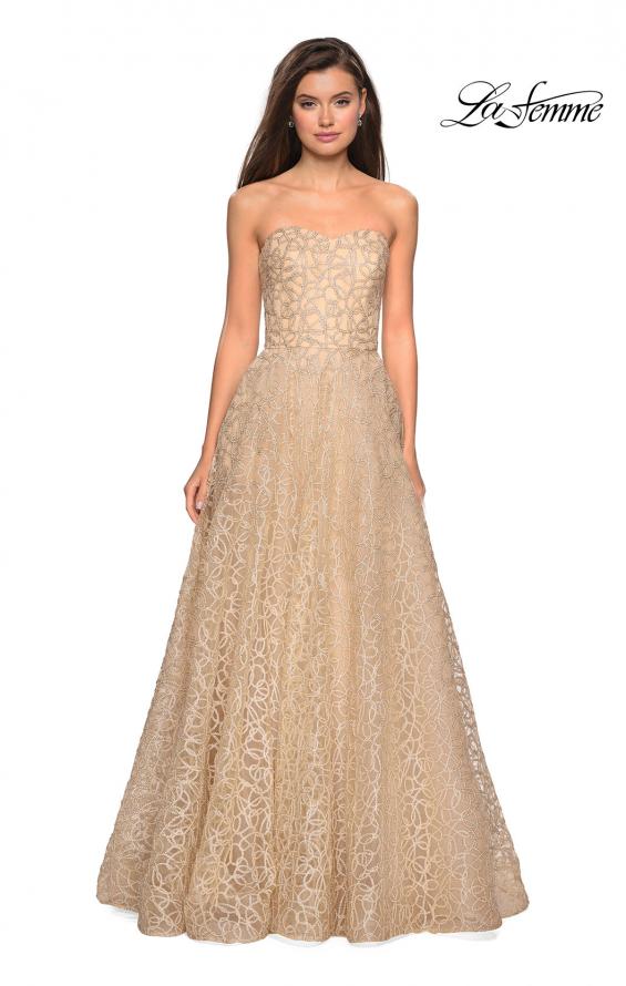 Picture of: Strapless A Line Ball Gown with Metallic Embroidery in Light Gold, Style: 27063, Detail Picture 6