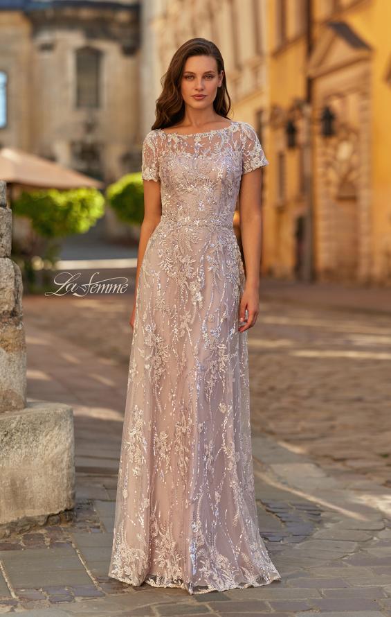 Pink Picture of: Short Sleeve Embroidered A-Line Gown with Illusion Neckline in Light Mauve, Style: 31838, Main Picture