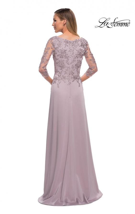 Picture of: Jersey Gown with Boat Neckline and Lace Detailing in Light Mauve, Back Picture