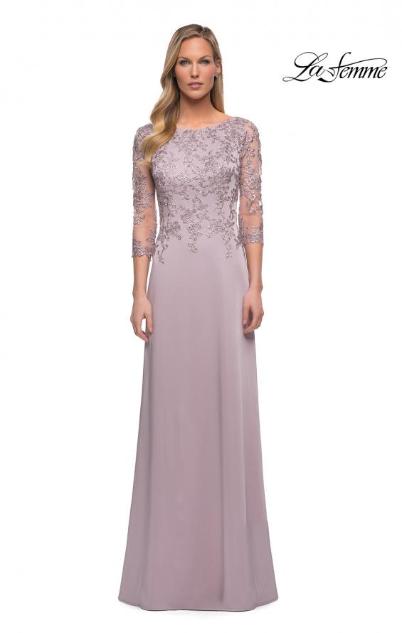 Picture of: Jersey Gown with Boat Neckline and Lace Detailing in Light Mauve, Detail Picture 1