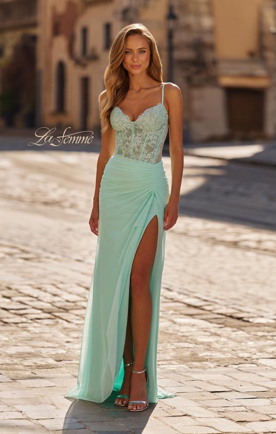 Picture of: Lace Bodice Gown with Ruched Skirt and High Slit in Light Mint, Style: 33661, Main Picture