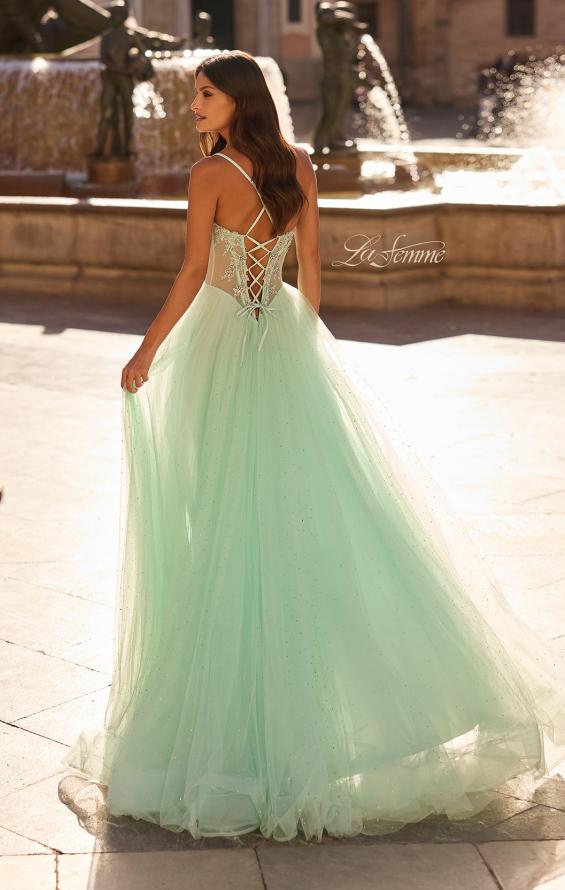 Picture of: Corset Tulle A-Line Gown with Lace Applique and Slit in Light Mint, Style: 33860, Back Picture
