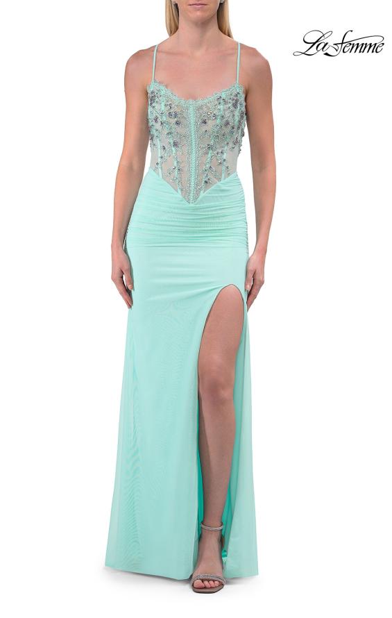 Picture of: Embroidered Corset Gown with Sheer Bodice and High Slit in Light Mint, Style: 33783, Detail Picture 21