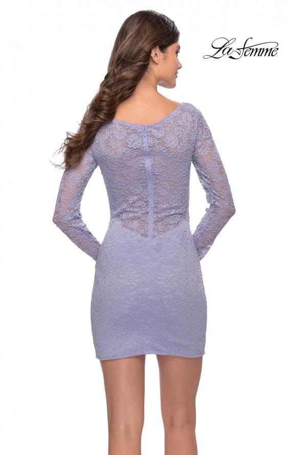Picture of: Neon Long Sleeve Stretch Lace Dress with Sheer Lace Back in Light Periwinkle, Style: 30354, Detail Picture 4