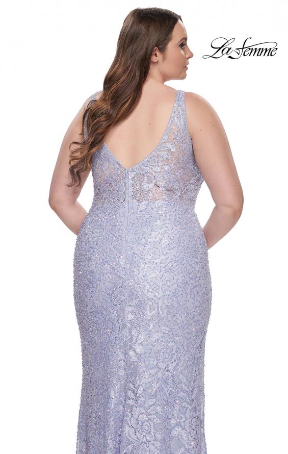 Picture of: Fitted Beaded Lace Plus Size Prom Dress with Illusion Waist in Light Periwinkle, Style: 31535, Detail Picture 9