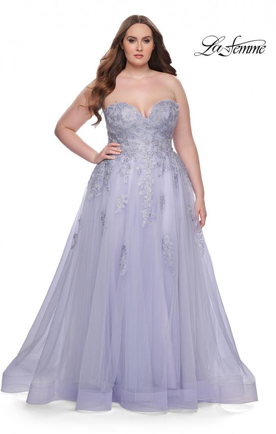 Picture of: Strapless Lace and Tulle A-Line Plus Gown with Tie Back in Light Periwinkle, Style: 31570, Detail Picture 12