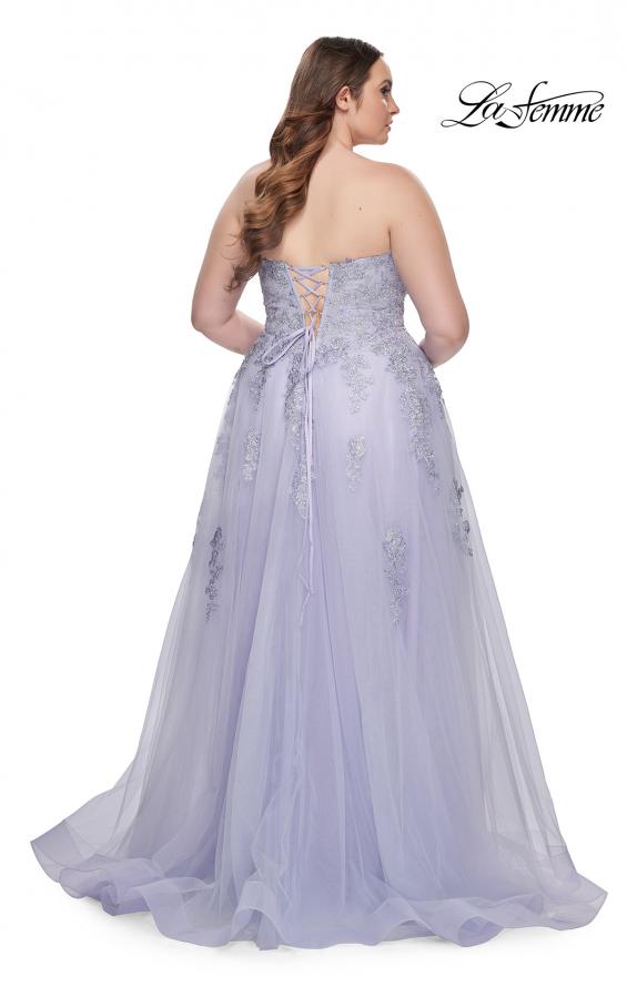 Picture of: Strapless Lace and Tulle A-Line Plus Gown with Tie Back in Light Periwinkle, Style: 31570, Detail Picture 13