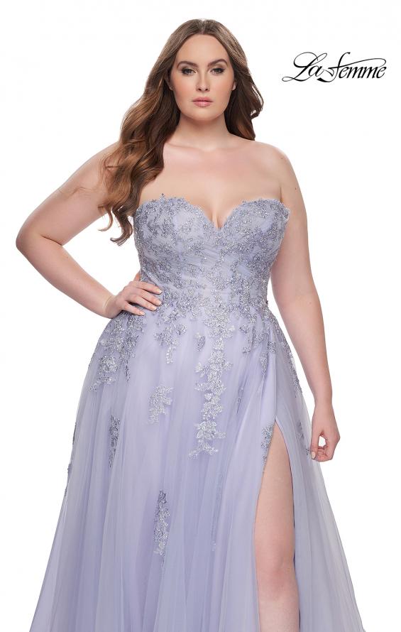 Picture of: Strapless Lace and Tulle A-Line Plus Gown with Tie Back in Light Periwinkle, Style: 31570, Detail Picture 14