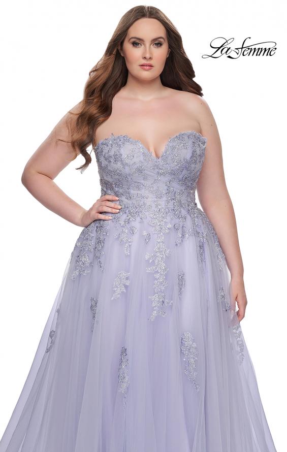 Picture of: Strapless Lace and Tulle A-Line Plus Gown with Tie Back in Light Periwinkle, Style: 31570, Detail Picture 15