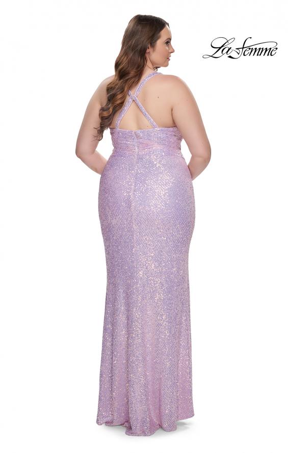Picture of: Plus Size Sequin Prom Dress with Ruching and Slit in Light Periwinkle, Style: 31162, Back Picture