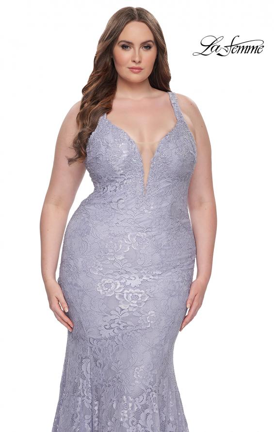 Picture of: Mermaid Lace Plus Size Prom Dress with Deep V in Light Periwinkle, Style: 31118, Detail Picture 1